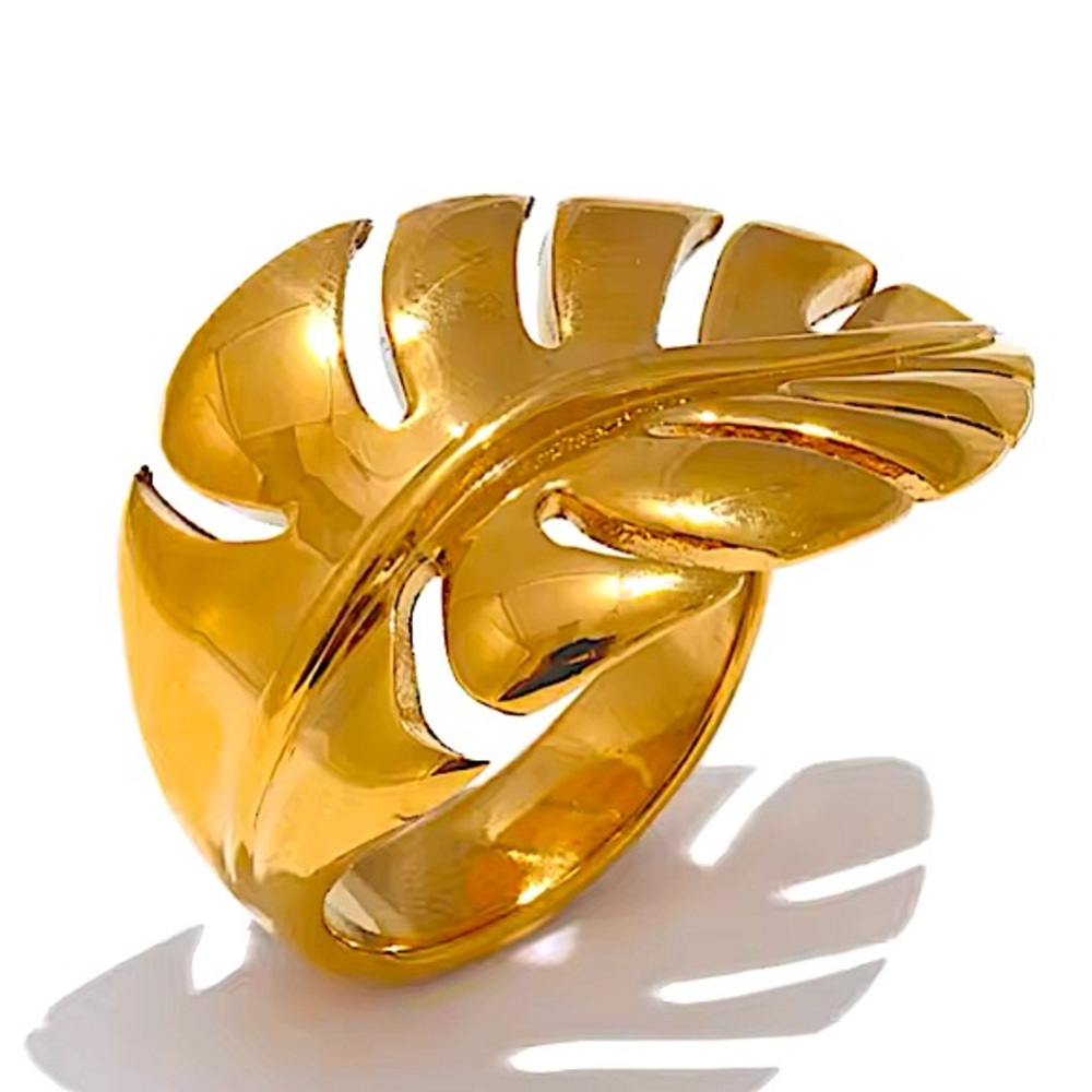 Gold Feather Leaf Leaves Ring Adjustable Stainless Steel Gold Plated